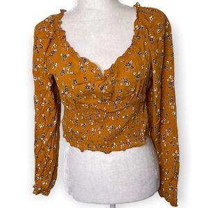 Elodie Gold Floral Cropped Smocked Long Sleeve Boho Top SZ L